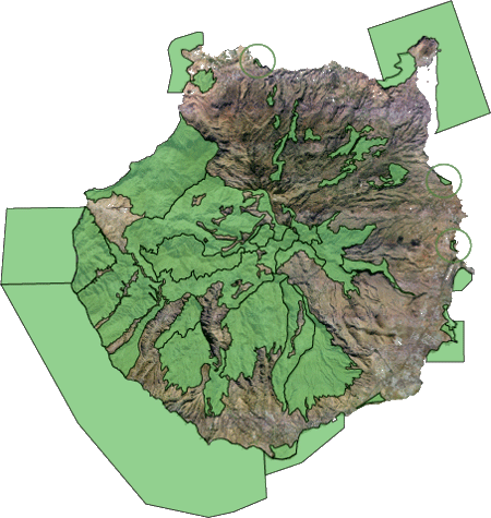 Mapa de la Isla de Gran Canaria. Posee enlaces a cada uno de los LIC de la Isla cuyo listado puede acceder al final de la descripción